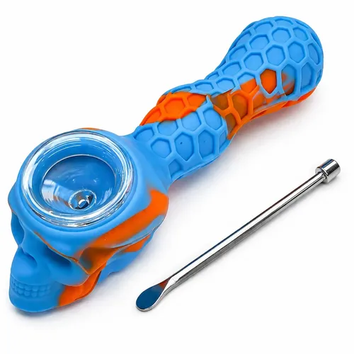 Skull Head Silicone Pipe - BLUE/ORANGE