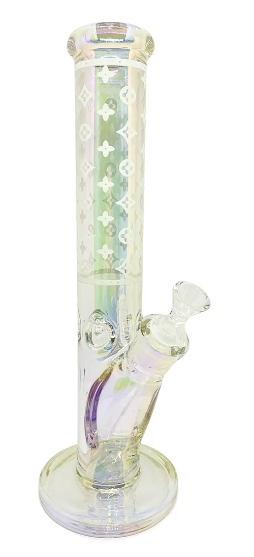 14" Luxury Logo Electroplated Straight Tube 7mm Glass Bong - 14" Luxury Logo Electroplated Straight Tube 7mm Glass Bong - Silver
