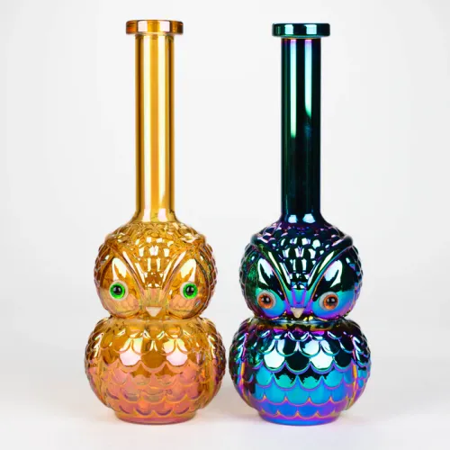9" Owl Electroplated Glass Bong - Rose Gold or Rainbow (green)