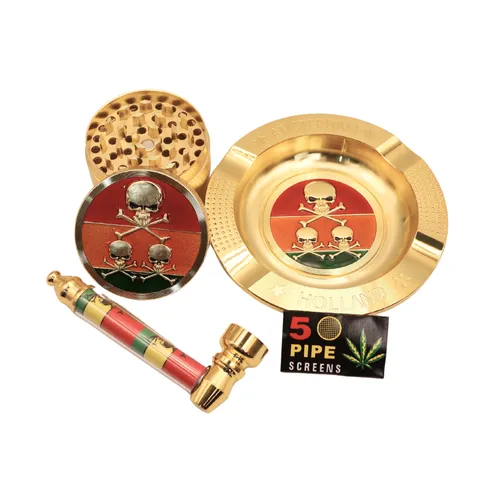 Arsenal 4Pc Gold Rasta Skull Smoking Set