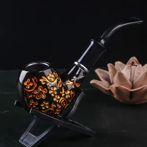 Yellow Pear Wood Pipe with Intricate Floral Design